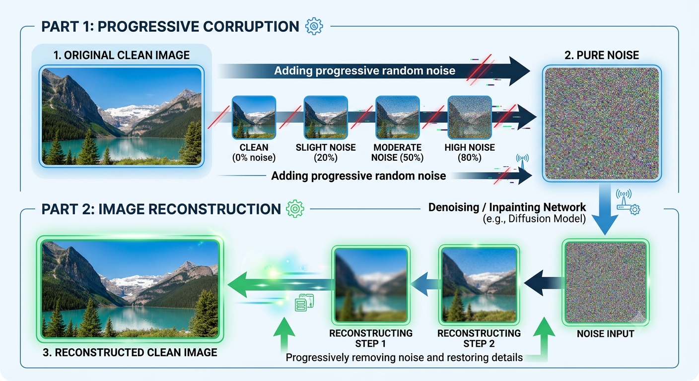 Flowchart: clean image being progressively corrupted into noise, then reconstructed back