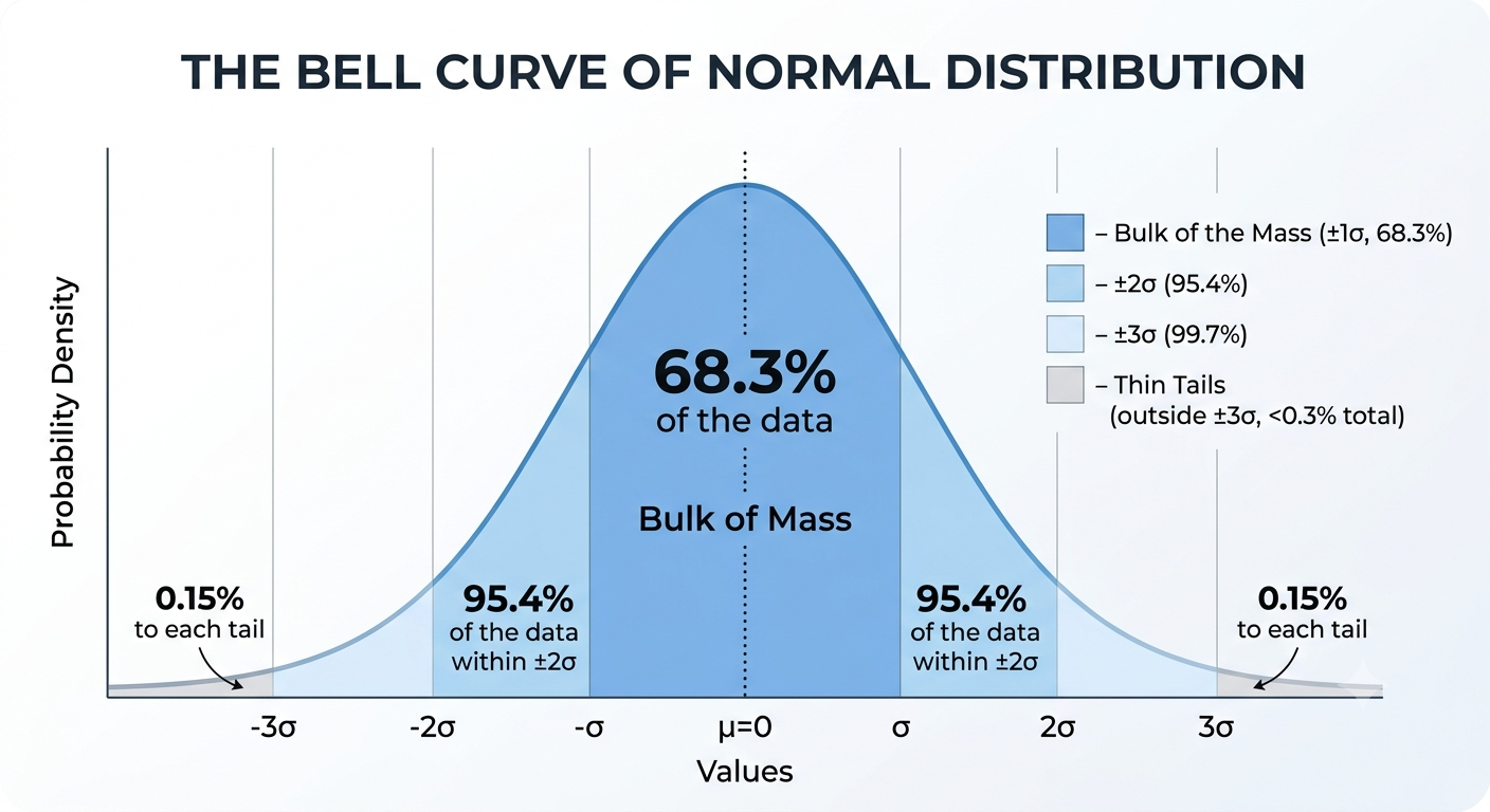 Bell curve of the normal distribution, showing the bulk of mass near the mean and thin tails